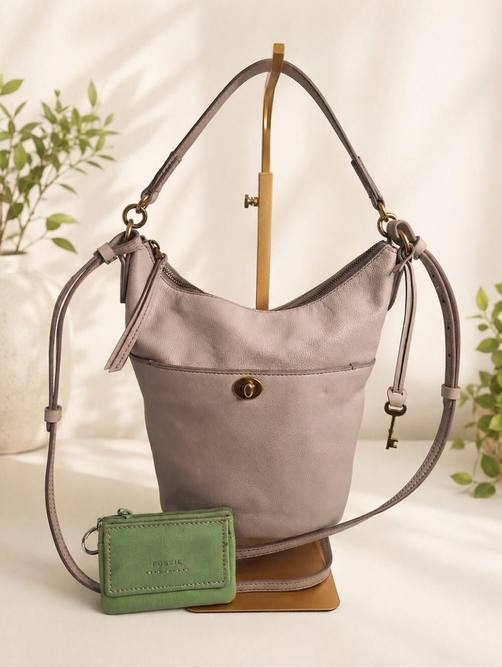 Fossil Leather Convertible Shoulder Crossbody Bag + Green Wallet Set